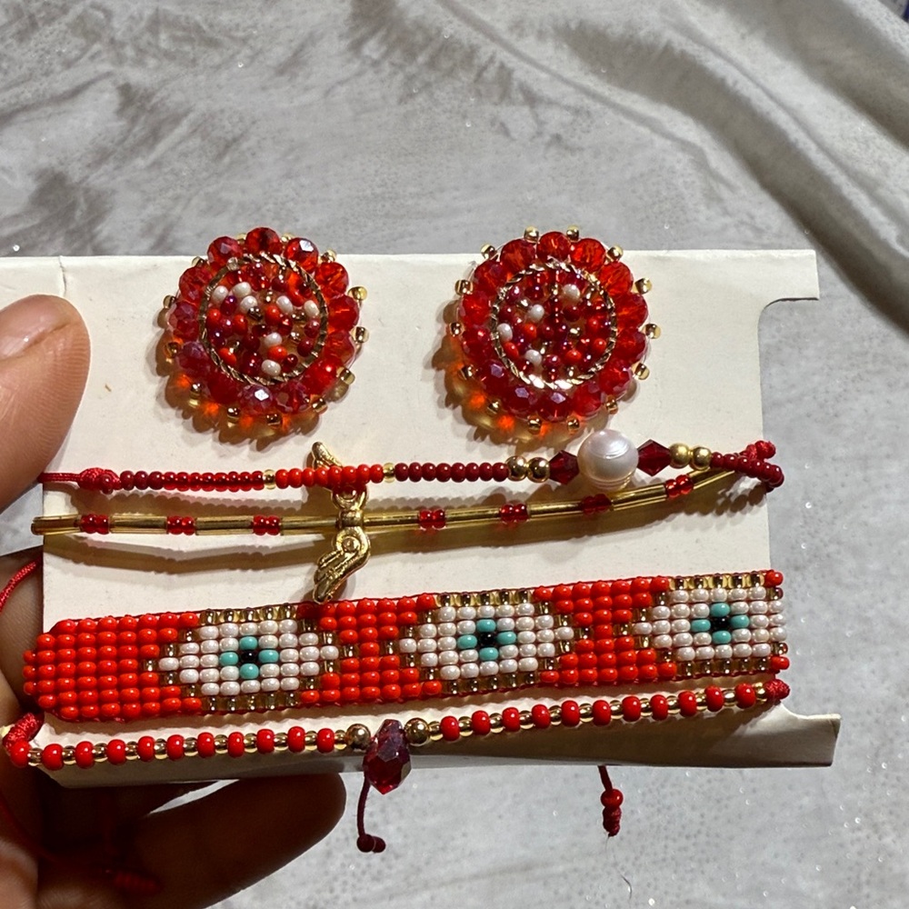 Red and Gold Beaded Jewelry Set earrings and 4 bracelets